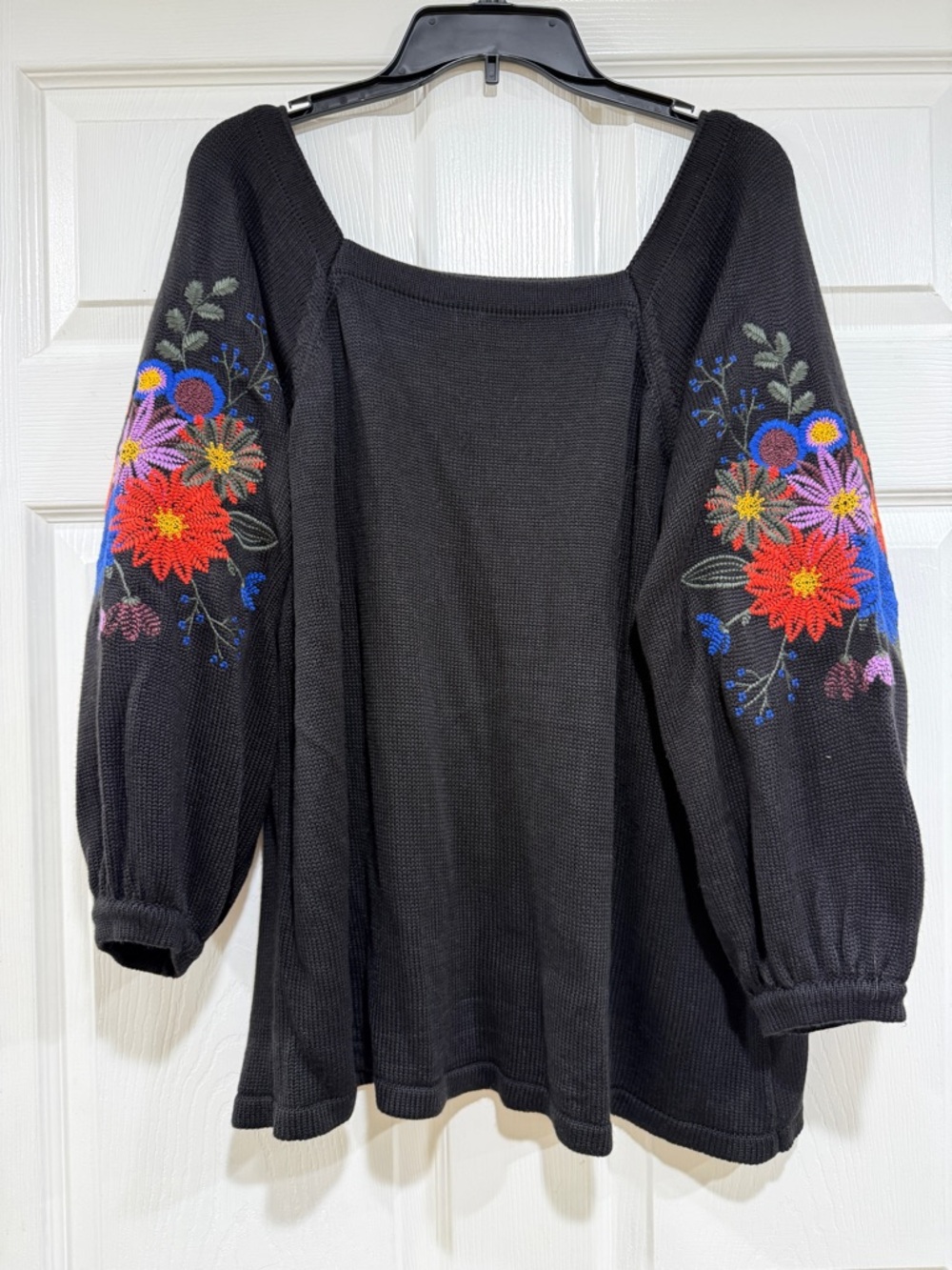 The Pioneer Woman Black Sweater with Multicolor Floral Sleeve Embroidery